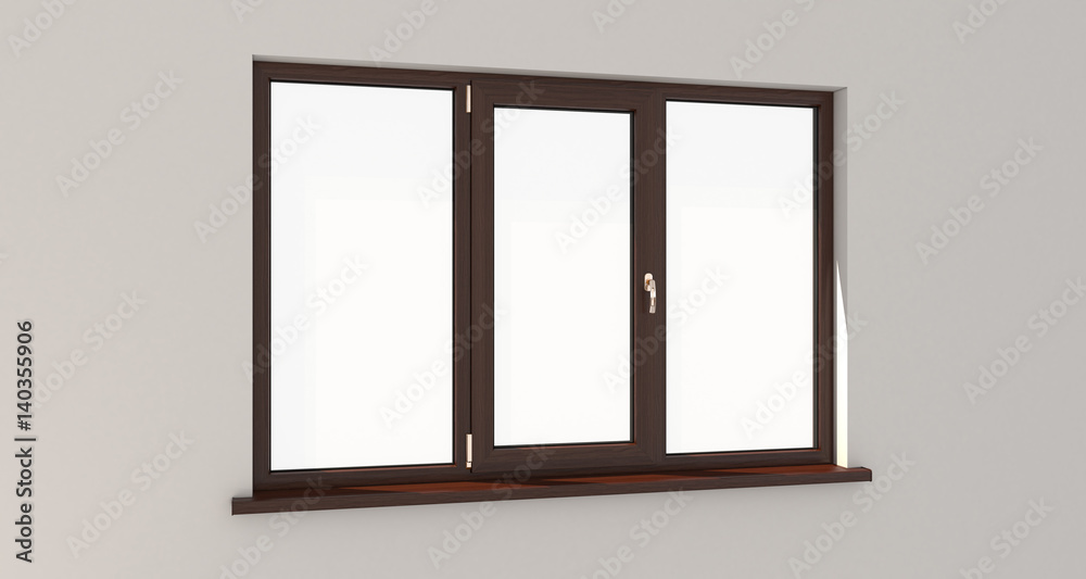 Window. White wall. Isolated window. Wooden window. 3d. 3D render. Window. White wall. Isolated window. Wooden window. 3d. 3D render.