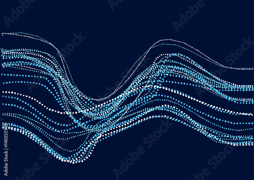 Abstract river water concept. dynamic emitted particles array. Blue dots and spot vector Illustration. Modern geometry luxury design for card, header, web-banner, wallpaper.