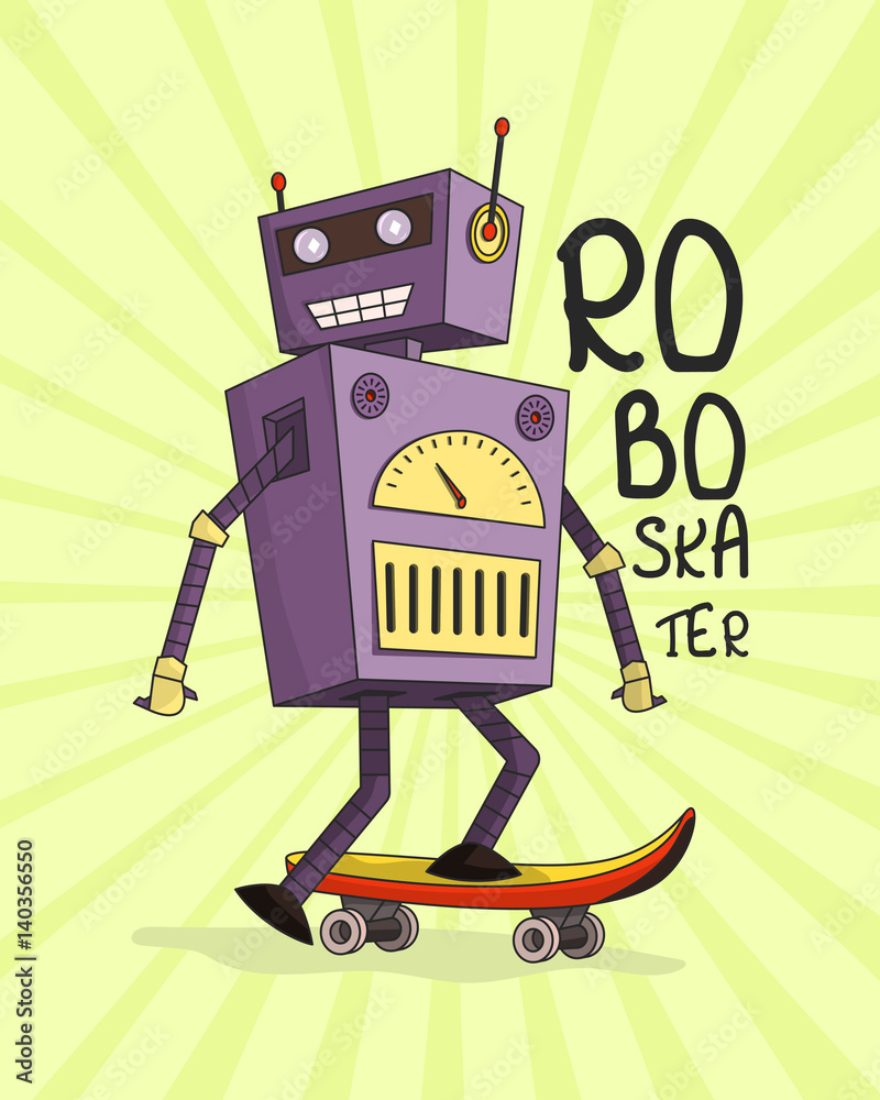 Happy, joyful robot skateboarder. Vector illustration. Happy, joyful robot skateboarder. Vector illustration.