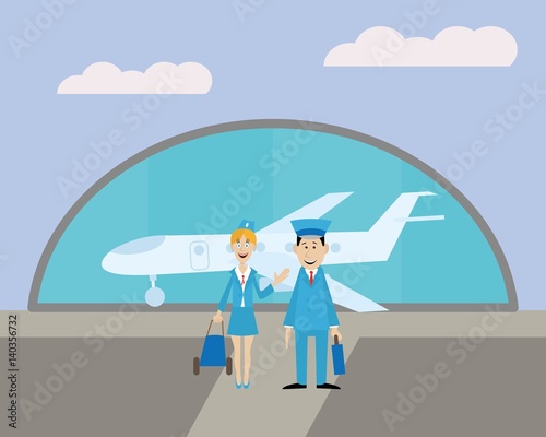 the pilot and the flight attendant at the airport before the flight. Standing on the front of the plane. vector illustration