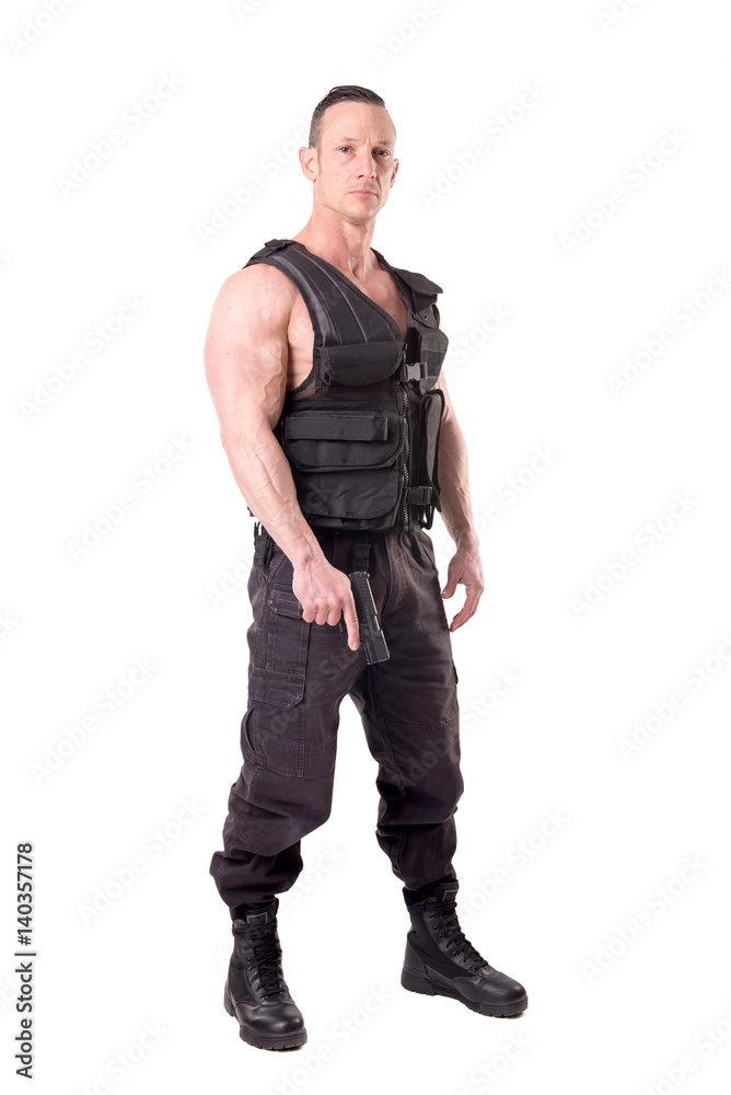 tactical law enforcer posing isolated in white tactical law enforcer posing isolated in white