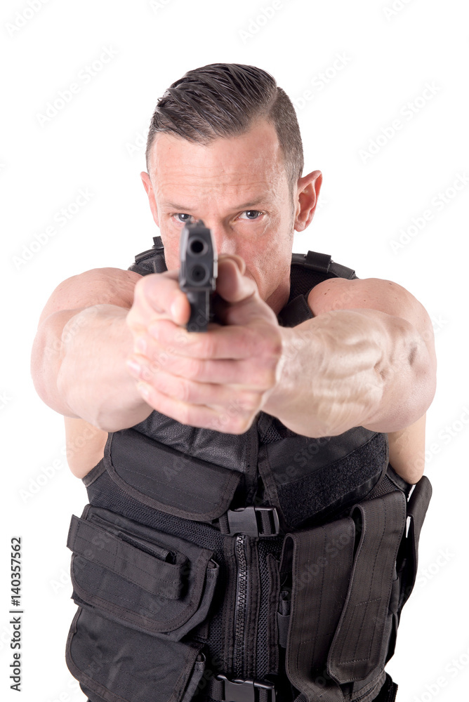 tactical law enforcer posing isolated in white tactical law enforcer posing isolated in white
