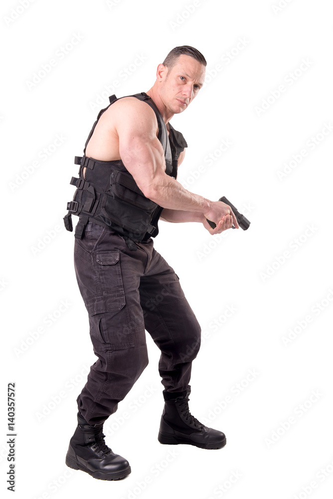 tactical law enforcer posing isolated in white tactical law enforcer posing isolated in white