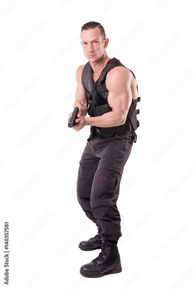 tactical law enforcer posing isolated in white tactical law enforcer posing isolated in white