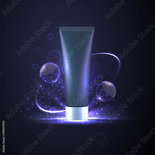 Design packaging hyaluronic cosmetics. Abstract scientific purple background 