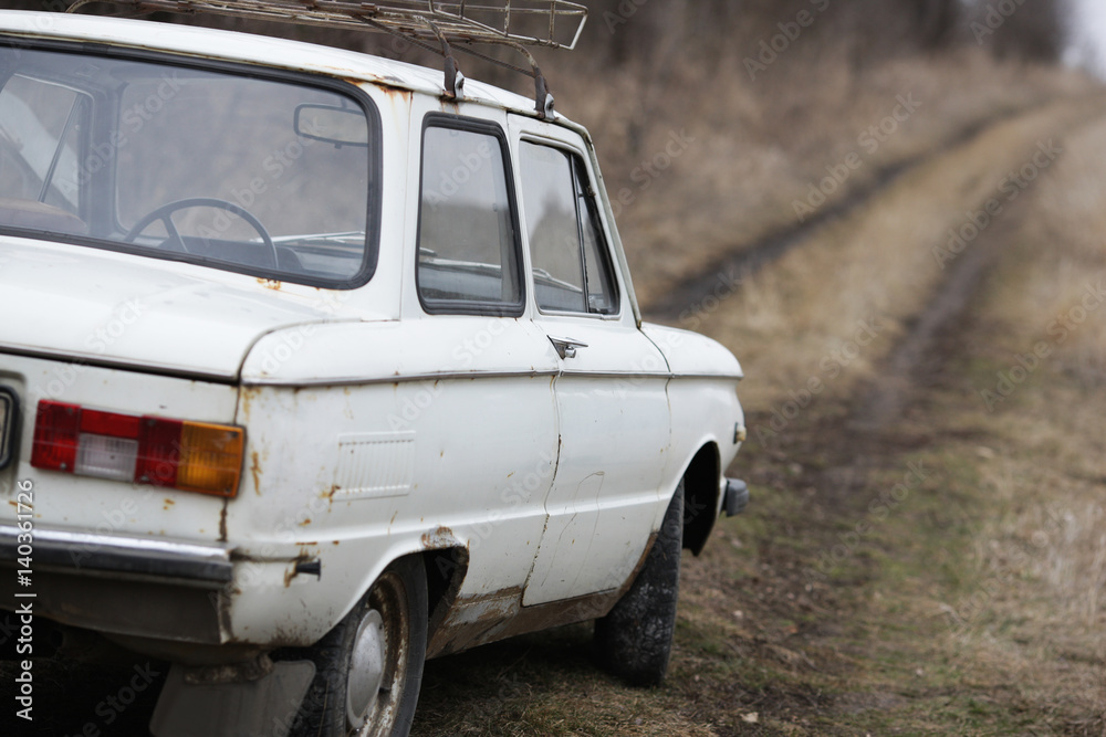 Old car white on a nature background