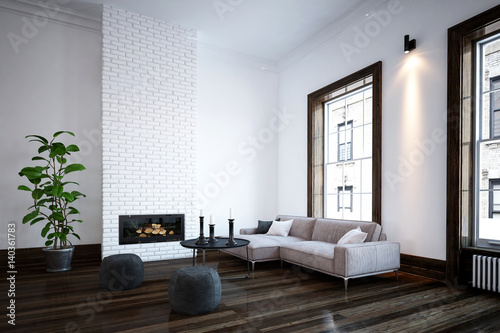 Minimalist living room interior with fire insert