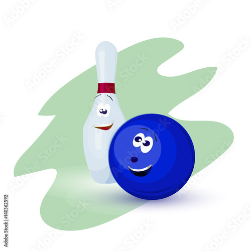 Vector cartoon illustration of skittle and red bowling ball photo