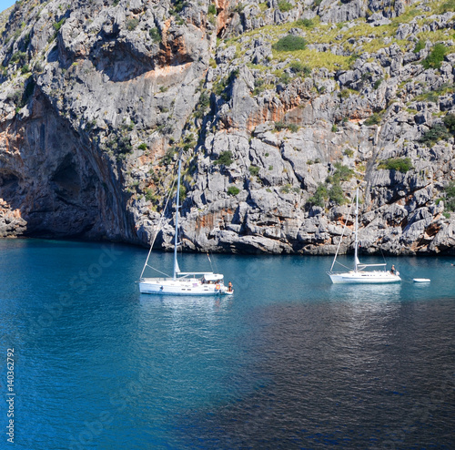 Sailboats in bay of Torrent de Pareis, North of Mallorca,Europe © Mirjam Claus
