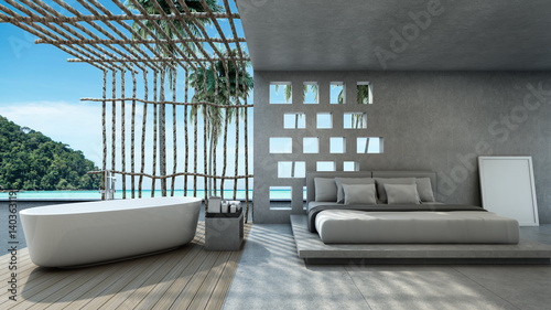 Bedroom pool villa Outdoor bathroom Way down the pool background take view sea -3D render