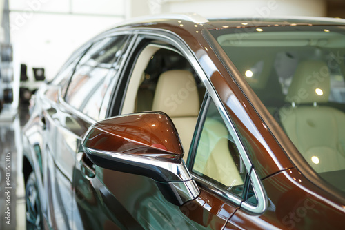 Car mirror of a luxury brown car. Close-up