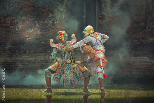  Kumbhakarna Mask Ramayana story Art culture Thailand Dancing in masked khonin literature Ramayana of asia. photo