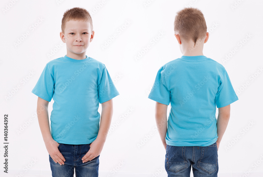 Shirt design and people concept - close up of young man in blank blue tshirt front and rear isolated. Mock up template for design print Shirt design and people concept - close up of young man in blank blue tshirt front and rear isolated. Mock up template for design print