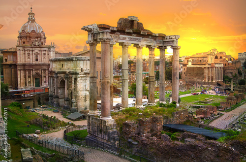 Bild auf Leinwand Ruins of Roman's forum at sunset, ancient government buildings started 7th century BC