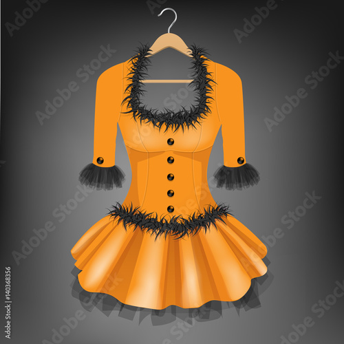 Orange dress with black fur on hanger
