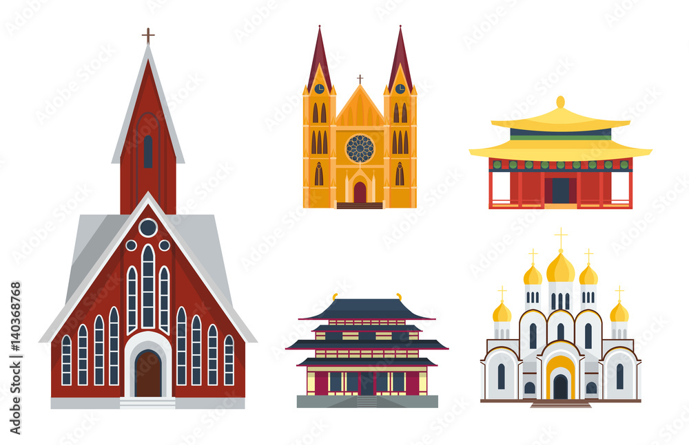 Cathedral churche temple building landmark tourism world religions and famous structure traditional city ancient old tower vector illustration.
