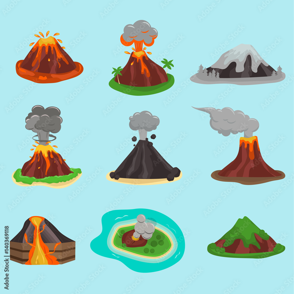 Volcano set vector illustration. Volcano set vector illustration.