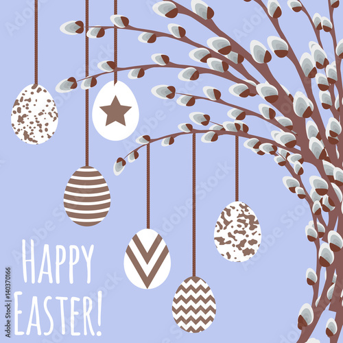 Vector illustration with vase, pussy willow and eggs