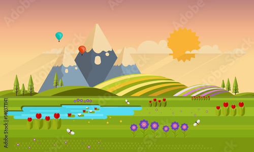 Beautiful Vector Spring Landscape in Flat Design Style