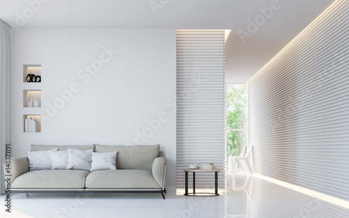 Modern white living room interior 3d rendering image.A blank wall with pure white. Decorate wall with extrude horizon line pattern and hidden warm light