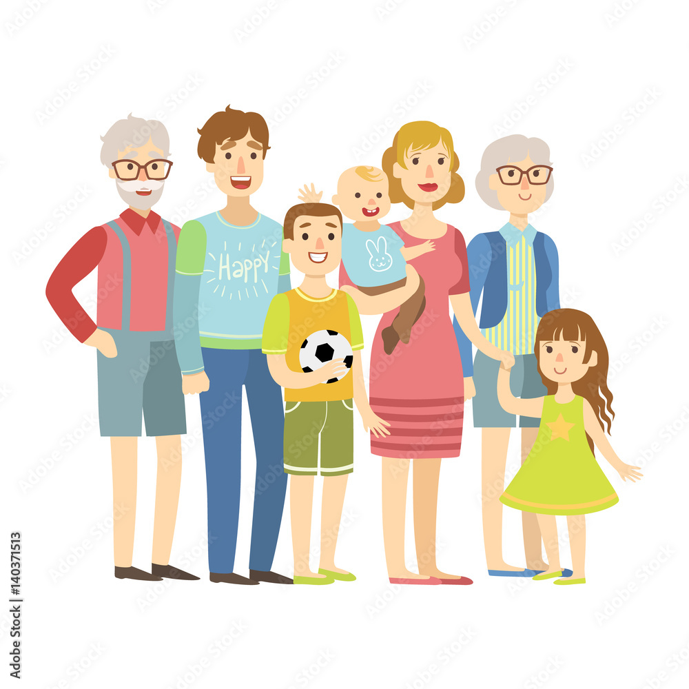 Full Family With Parents, Grandparents And Two Kids, Illustration From Happy Loving Families Series Full Family With Parents, Grandparents And Two Kids, Illustration From Happy Loving Families Series