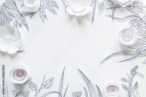 Wallpaper Mural frame from 3d paper flowers with painted leaves and stems on the white background Torontodigital.ca