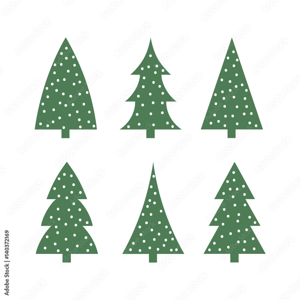 cute green christmas tree in the snow icon silhouette set vector