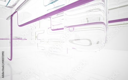 Abstract dynamic interior with pink, blue and green glass smoth objects. 3D illustration and rendering