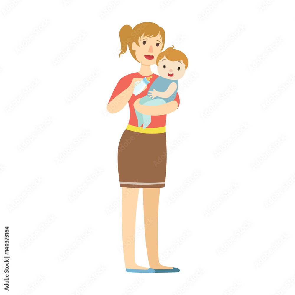 Mather With Baby In Sling Feeding Boy With Milk Bottle, Illustration From Happy Loving Families Series Mather With Baby In Sling Feeding Boy With Milk Bottle, Illustration From Happy Loving Families Series
