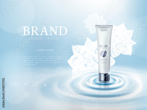 Moisturizing rose/camellia flower cosmetic skin in tube ads template for advertising, cosmetic mockup upon water and isolated.