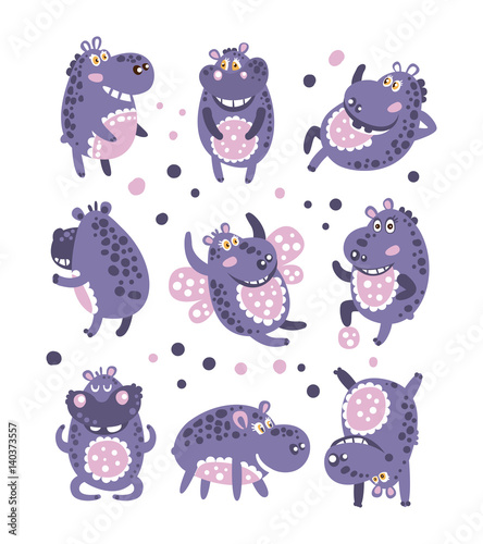 Stylized Hippo With Polka-Dotted Pattern Collection Of Childish Stickers Or Prints Of Friendly Toy Animal In Violet And Blue Color