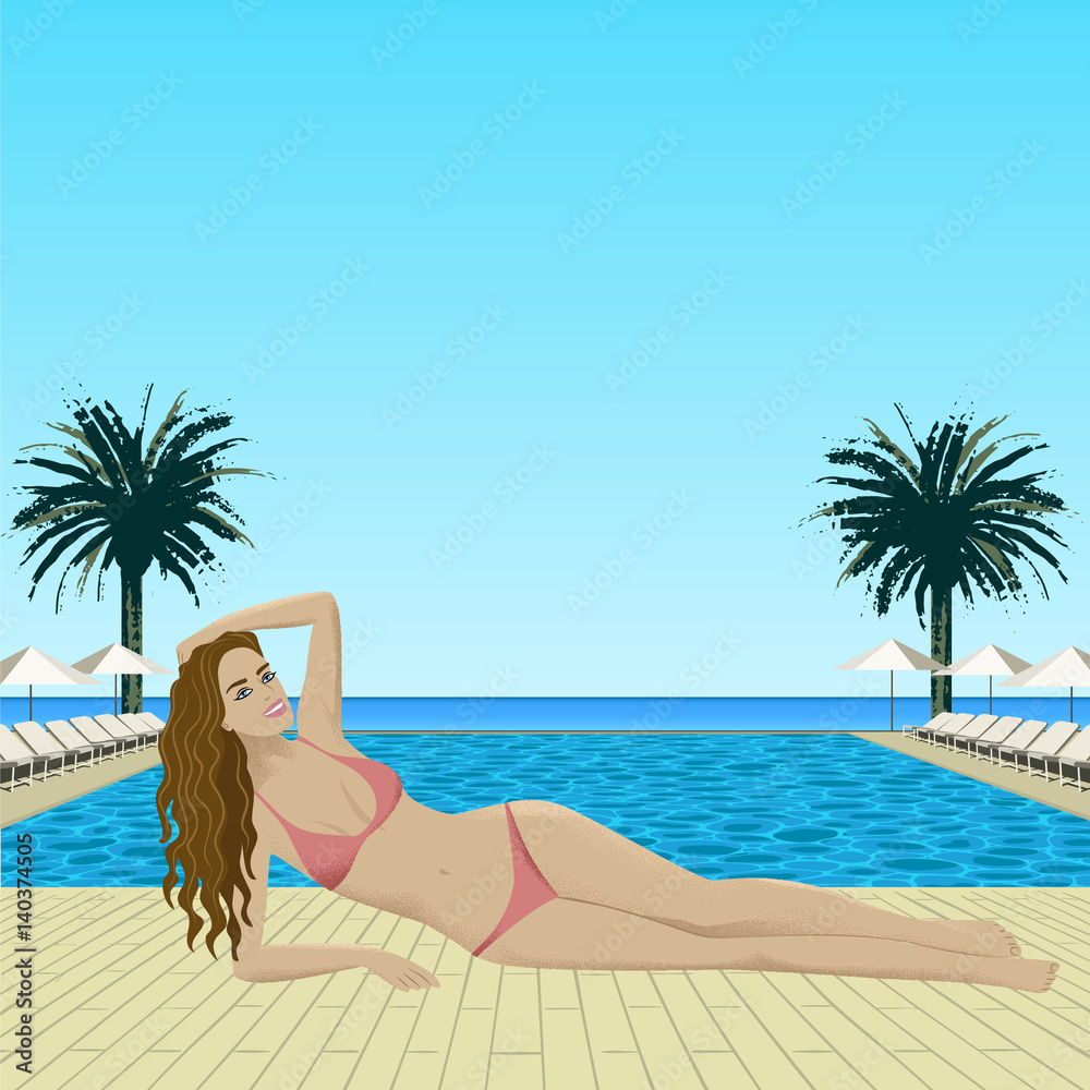 woman in bikini lying near pool