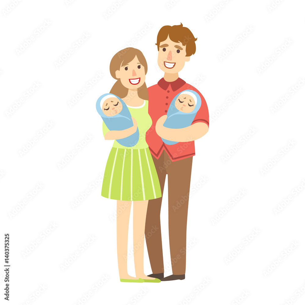 Young Parents Holding Newborn Twins In Arms, Illustration From Happy Loving Families Series
