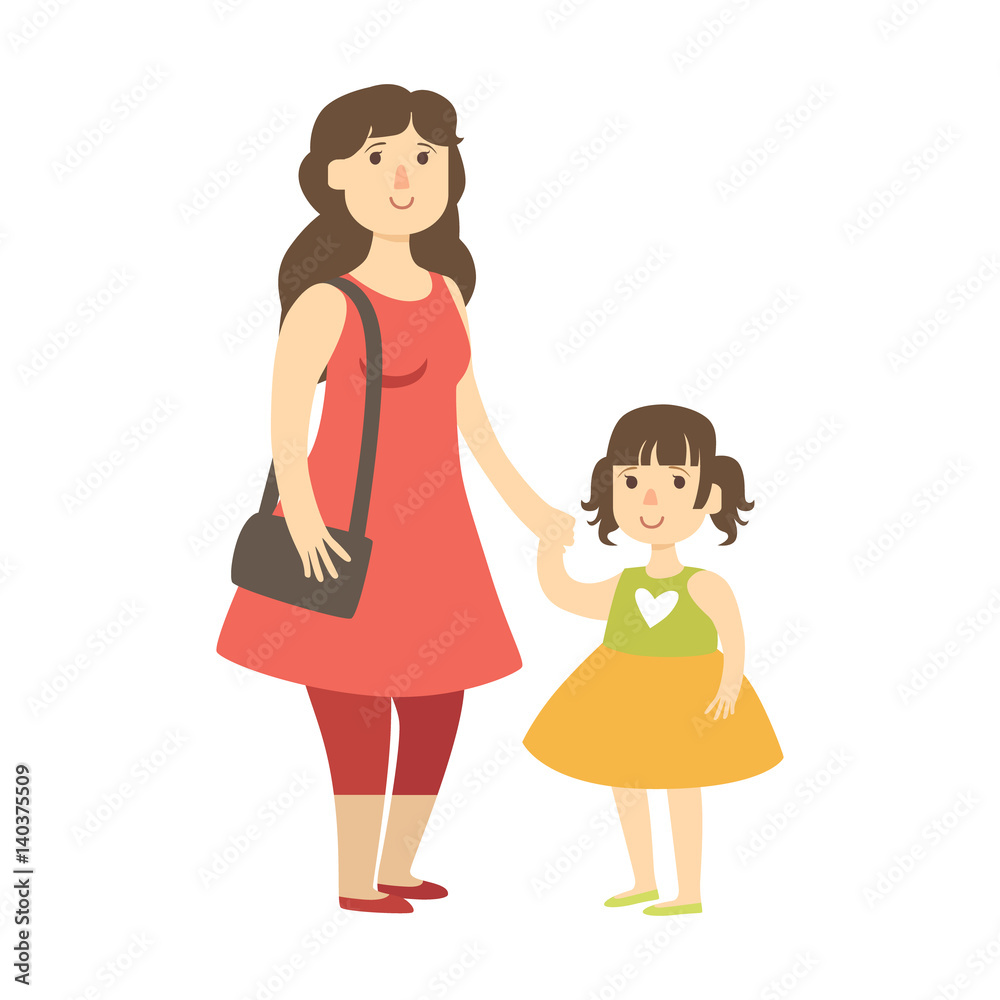 Mother And Small Daughter Holding Hands, Illustration From Happy Loving Families Series Mother And Small Daughter Holding Hands, Illustration From Happy Loving Families Series