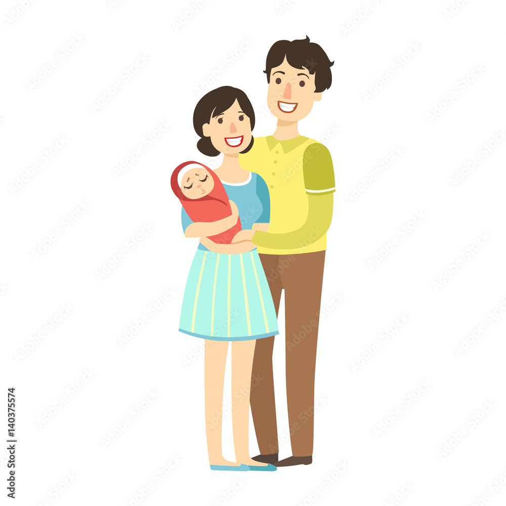 Young Parents With Newborn Kid In Arms, Illustration From Happy Loving Families Series Young Parents With Newborn Kid In Arms, Illustration From Happy Loving Families Series