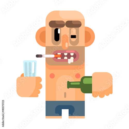 Unshaved Alcoholic With Rotten Teeth, Revolting Homeless Person, Dreg Of Society, Pixelated Simplified Male Vagabond Character