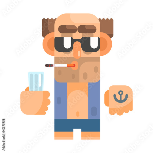 Unshaved Alcoholic With Anchor Tattoo And Cigarette, Revolting Homeless Person, Dreg Of Society, Pixelated Simplified Male Vagabond Character