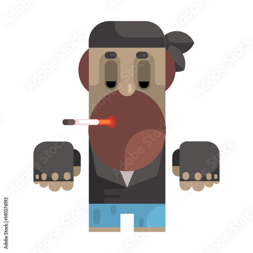 Biker In Bandana And Leather Vest Smoking Cigarette, Revolting Homeless Person, Dreg Of Society, Pixelated Simplified Male Vagabond Character