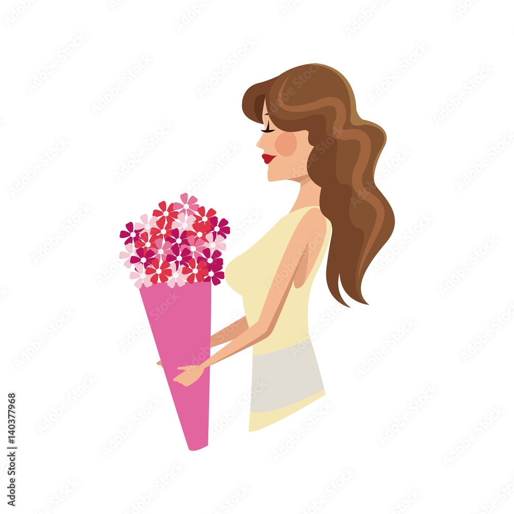woman holding a flowers bouquet cartoon icon over white background. colorful design. vector illustration woman holding a flowers bouquet cartoon icon over white background. colorful design. vector illustration