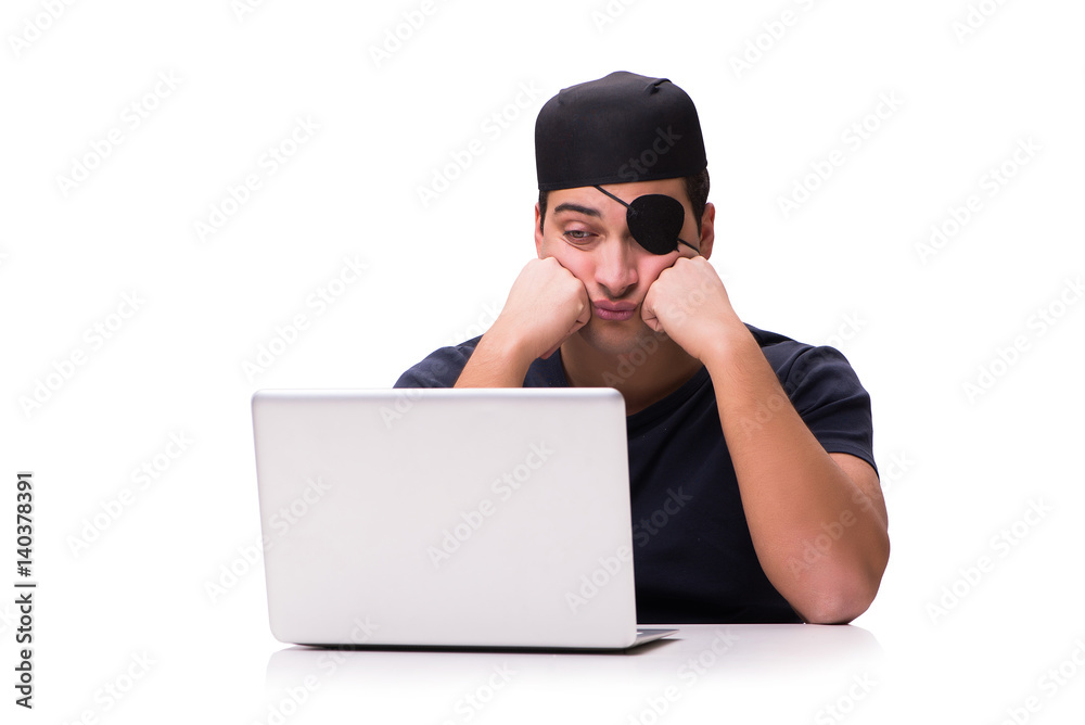 Digital security concept with pirate isolated on white Digital security concept with pirate isolated on white