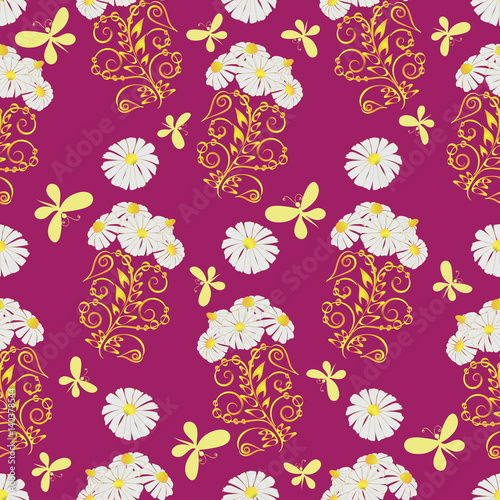 Daisies and butterflies. Red background. Seamless pattern. Design for textiles  ceramics  backgrounds  fabric  glass.