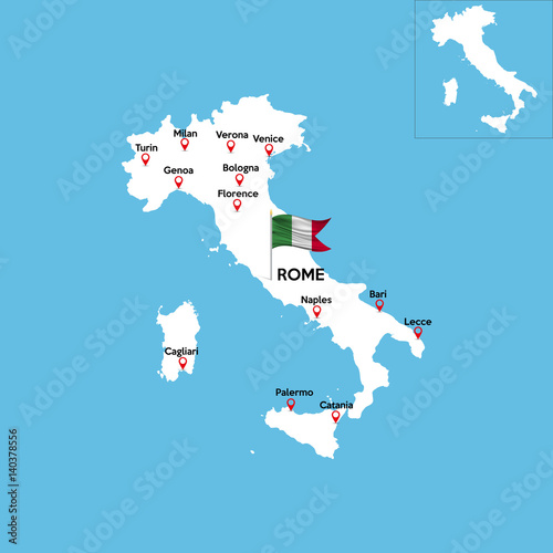 A detailed map of Italy with indexes of major cities of the country. National flag of the state. Vector illustration.