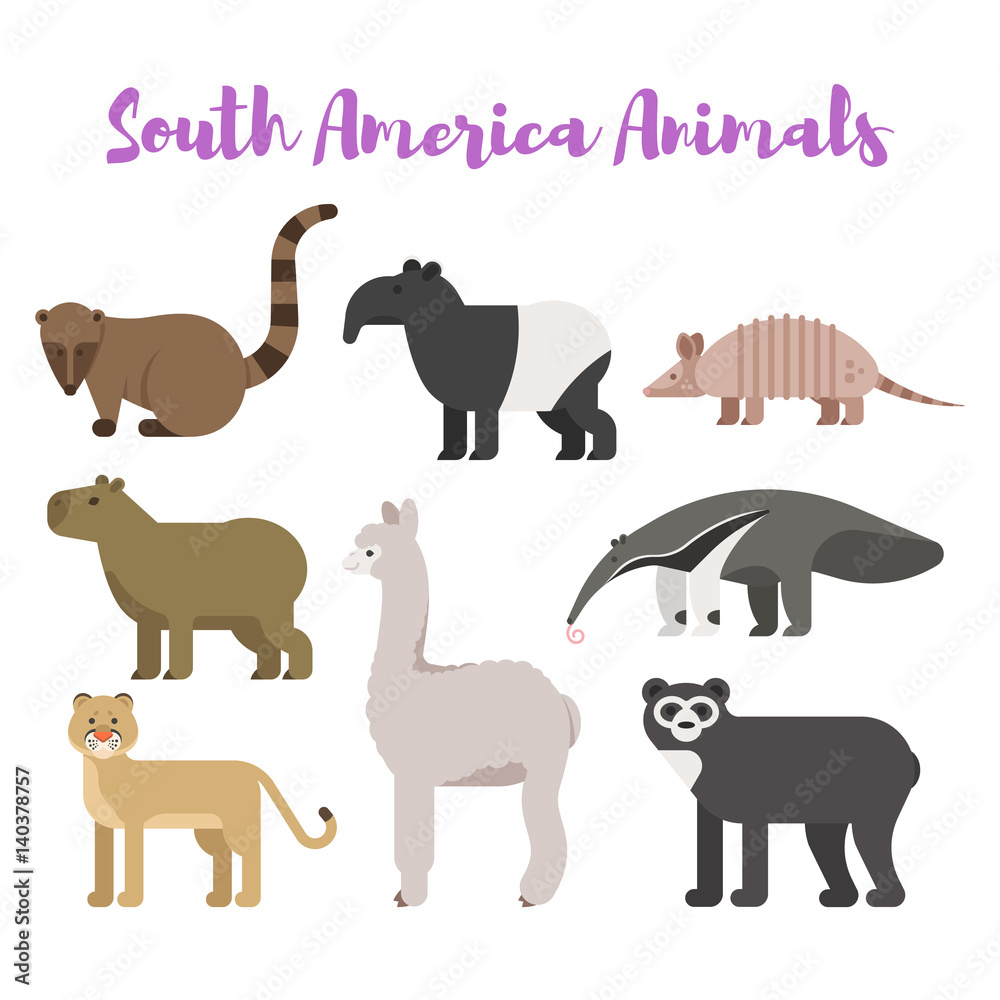 Vector flat style set animals of South America.