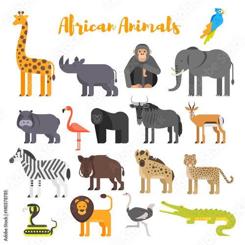 Vector flat style set of African animals. 