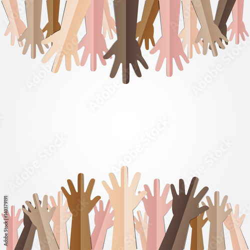 Raised hands up together with different skin tone of many peoples concept of democrazy, volunteer, or racial concept design by vector illustrator