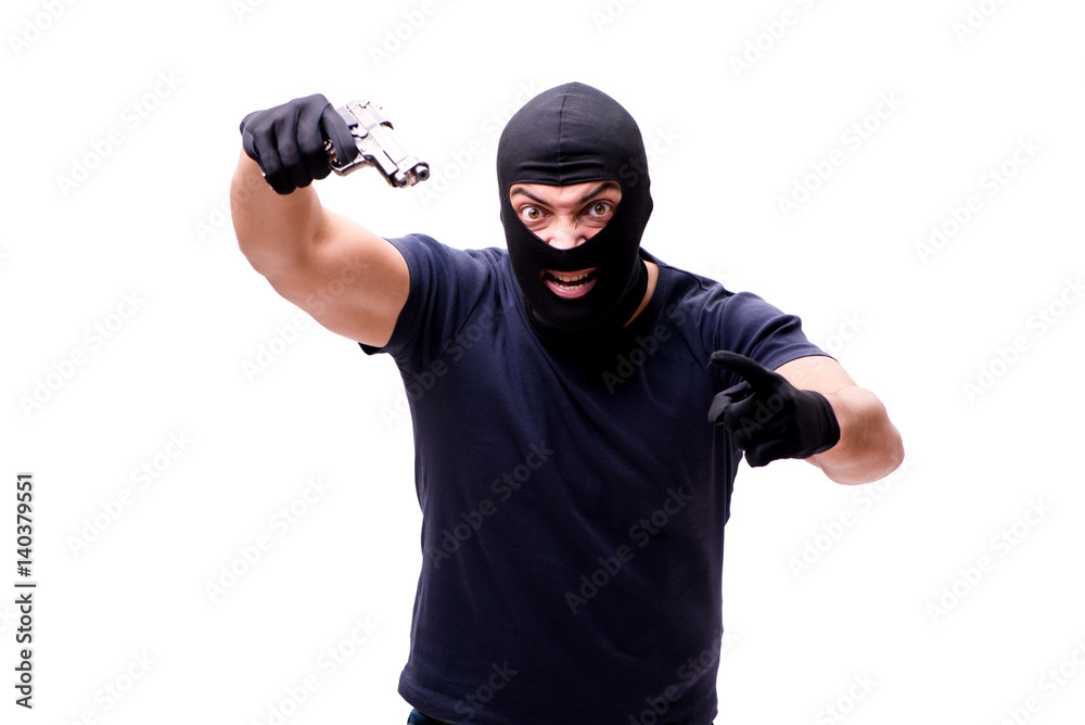 Robber wearing balaclava isolated on white Robber wearing balaclava isolated on white