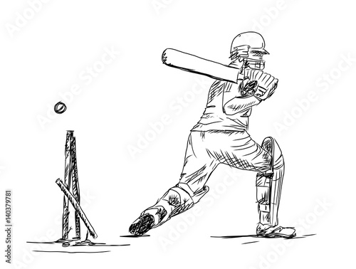 Hand drawn sketch of cricket batsman in vector illustration.