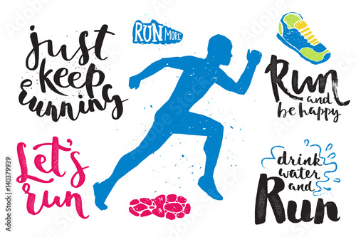 Running marathon logo jogging emblems label and fitness training athlete symbol sprint motivation badge success work isolated vector illustration.