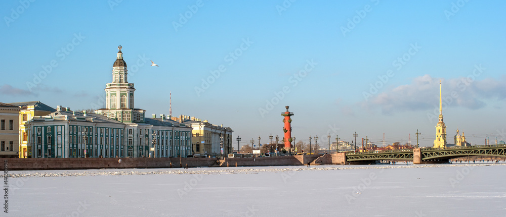 View on Kunstkamera museum, Rostral column, Peter and Paul Fortress, St Petersburg, Russia