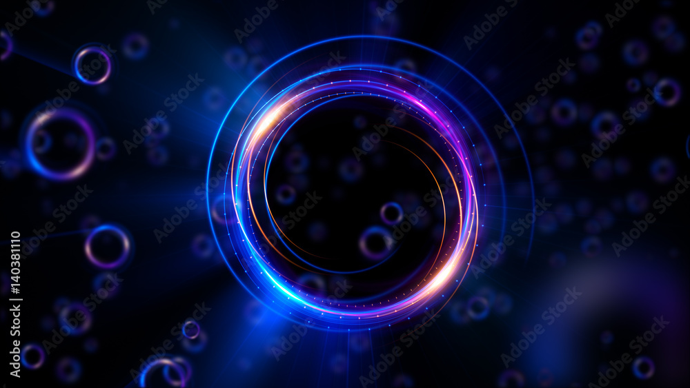 Abstract neon background. Shine swirling. Glowing spiral cover. .Bubbles elegant. Halo around. Power sparks data particle..Space tunnel. Glossy jellyfish. LED color ellipse. Glint glitter beam tech